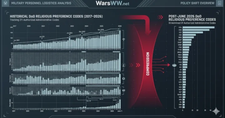 Strategic data infographic illustrating the contraction of the U.S. Armed Forces religious identification tracking codes from 211 separate lines down to 31 core operational brackets under the June 2026 directive.