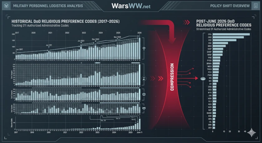 Strategic data infographic illustrating the contraction of the U.S. Armed Forces religious identification tracking codes from 211 separate lines down to 31 core operational brackets under the June 2026 directive.
