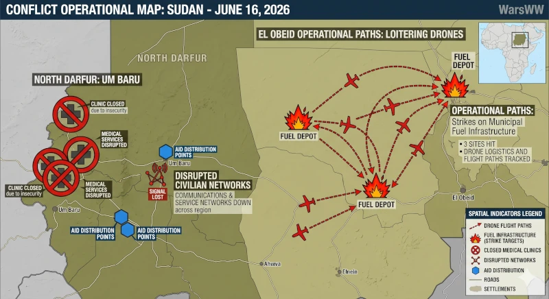 Comprehensive tactical feature map detailing the operational paths of loitering drones striking municipal fuel infrastructure in El Obeid, complemented by spatial indicators tracking closed medical clinics and disrupted civilian networks across Um Baru, North Darfur, June 16, 2026.