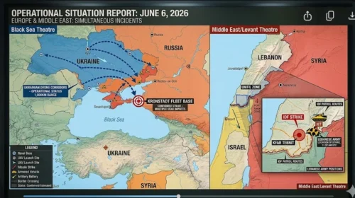 Comprehensive operational map highlighting the 1,000-kilometer Ukrainian drone corridors striking the Kronstadt Fleet Base next to tactical indicators showing the location of the IDF strike on the Lebanese Army vehicle near Kfar Tebnit, June 6, 2026.