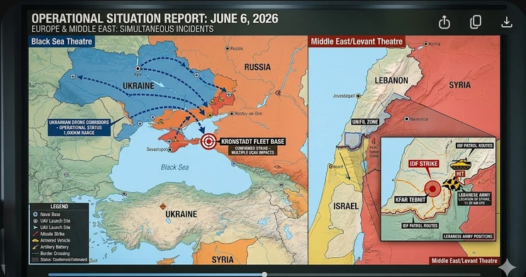 Comprehensive operational map highlighting the 1,000-kilometer Ukrainian drone corridors striking the Kronstadt Fleet Base next to tactical indicators showing the location of the IDF strike on the Lebanese Army vehicle near Kfar Tebnit, June 6, 2026.
