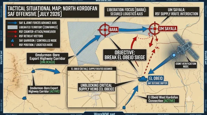 Tactical map detailing the Sudanese Armed Forces offensive in North Kordofan, highlighting the liberation of Bara and Um Sayala alongside supply routes to El Obeid, July 2026.