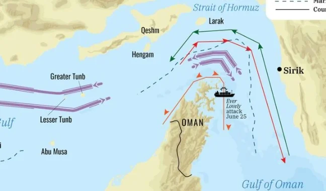 Tactical map detailing the strike location on the Kuwaiti tanker MT Kaifan off Limah, Oman, featuring crew lifeboat evacuation routes and drifting vessel vectors in the Strait of Hormuz, July 21, 2026.. Source: The Washington Institute