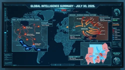 Global intelligence HUD summary map showing active CENTCOM strike zones in Iran, Russian missile vectors in Ukraine, and SAF advances in Sudan,