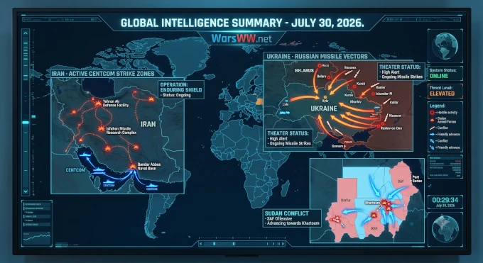 Global intelligence HUD summary map showing active CENTCOM strike zones in Iran, Russian missile vectors in Ukraine, and SAF advances in Sudan,