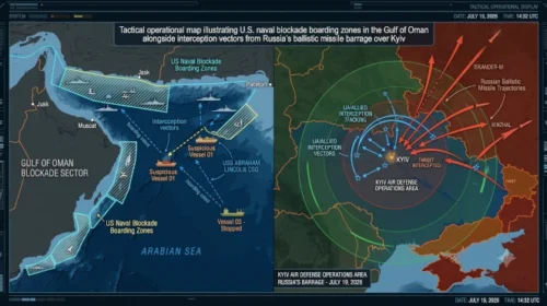 Tactical operational map illustrating U.S. naval blockade boarding zones in the Gulf of Oman alongside interception vectors from Russia's ballistic missile barrage over Kyiv, July 19, 2026.