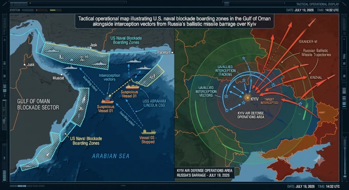 Tactical operational map illustrating U.S. naval blockade boarding zones in the Gulf of Oman alongside interception vectors from Russia's ballistic missile barrage over Kyiv, July 19, 2026.