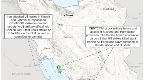 Comprehensive operational map detailing U.S. Navy strike vectors hitting IRGC coastal missile installations along the Strait of Hormuz alongside shipping bottleneck zones, July 11, 2026.. Source: ISW