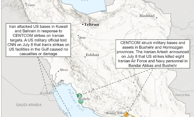 Comprehensive operational map detailing U.S. Navy strike vectors hitting IRGC coastal missile installations along the Strait of Hormuz alongside shipping bottleneck zones, July 11, 2026.. Source: ISW