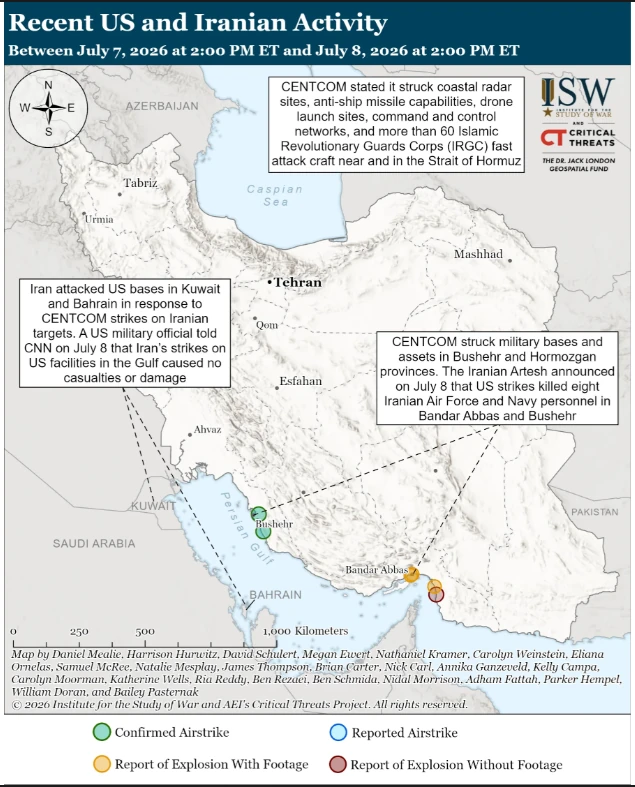Comprehensive operational map detailing U.S. Navy strike vectors hitting IRGC coastal missile installations along the Strait of Hormuz alongside shipping bottleneck zones, July 11, 2026.. Source: ISW