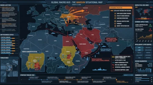 Global intelligence HUD summary map detailing U.S. economic blockade vectors in the Middle East, Russian defense plant strike zones in Rostov, and SAF supply routes in Sudan, August 27, 2026.