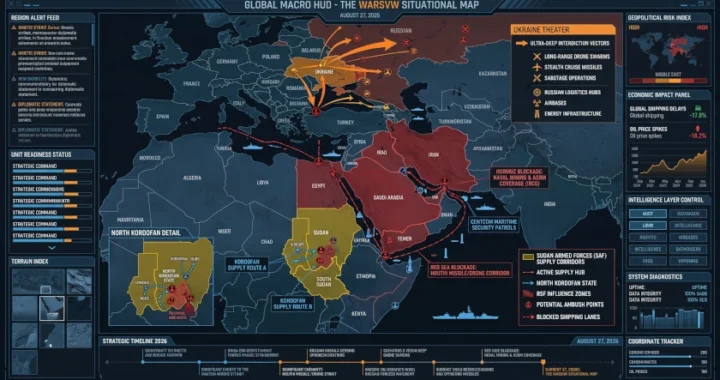 Global intelligence HUD summary map detailing U.S. economic blockade vectors in the Middle East, Russian defense plant strike zones in Rostov, and SAF supply routes in Sudan, August 27, 2026.