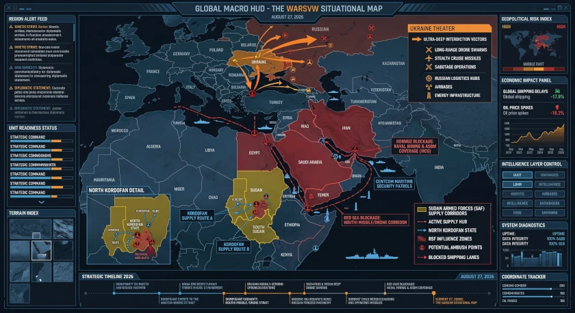Global intelligence HUD summary map detailing U.S. economic blockade vectors in the Middle East, Russian defense plant strike zones in Rostov, and SAF supply routes in Sudan, August 27, 2026.