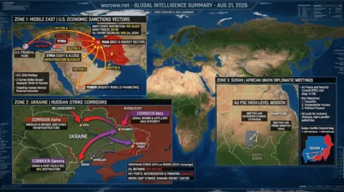 Global intelligence HUD summary map detailing U.S. economic sanctions vectors in the Middle East, Russian strike corridors in Ukraine, and African Union diplomatic meetings in Sudan, August 21, 2026