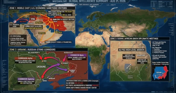 Global intelligence HUD summary map detailing U.S. economic sanctions vectors in the Middle East, Russian strike corridors in Ukraine, and African Union diplomatic meetings in Sudan, August 21, 2026