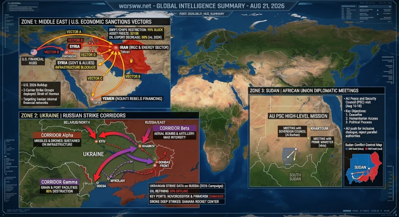 Global intelligence HUD summary map detailing U.S. economic sanctions vectors in the Middle East, Russian strike corridors in Ukraine, and African Union diplomatic meetings in Sudan, August 21, 2026