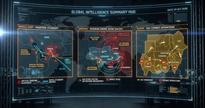 Global intelligence HUD summary map detailing Middle East maritime standoff routes, Russian drone strike vectors in Ukraine, and SAF combat operations in Sudan, October 7, 2026