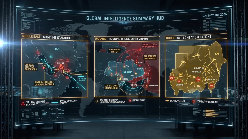 Global intelligence HUD summary map detailing Middle East maritime standoff routes, Russian drone strike vectors in Ukraine, and SAF combat operations in Sudan, October 7, 2026