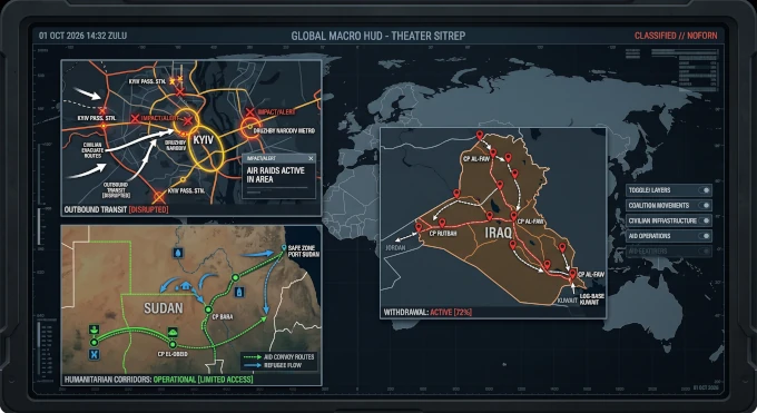 Global intelligence HUD summary map detailing US military withdrawal points in Iraq, Russian drone strike zones in Kyiv, and North Kordofan displacement hubs in Sudan, October 1, 2026.